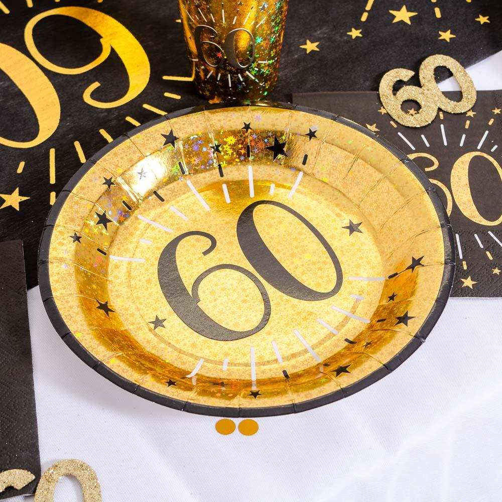 60th Birthday Black & Gold Sparkle Plates (x10) Milestone
