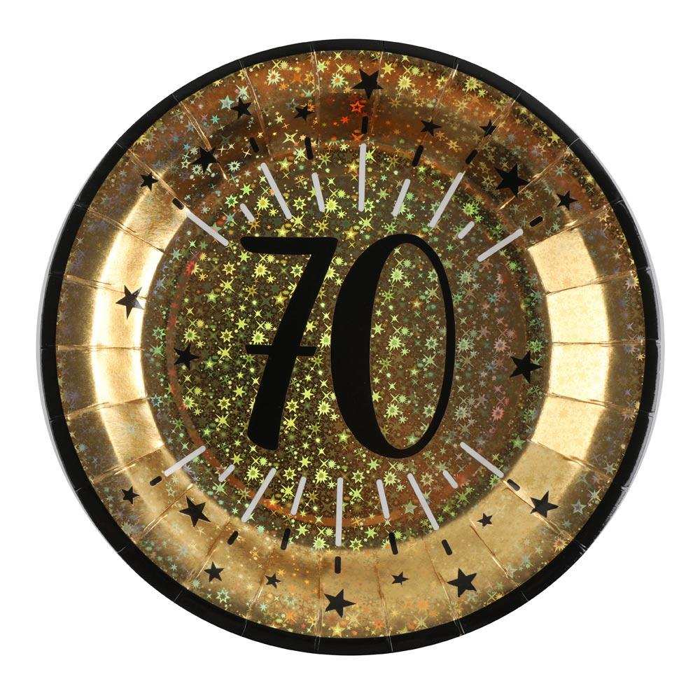 70th Birthday Black & Gold Sparkle Plates (x10) Milestone