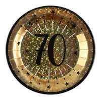 70th Birthday Black & Gold Sparkle Plates (x10) Milestone