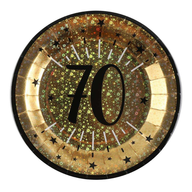 70th Birthday Black & Gold Sparkle Plates (x10) Milestone