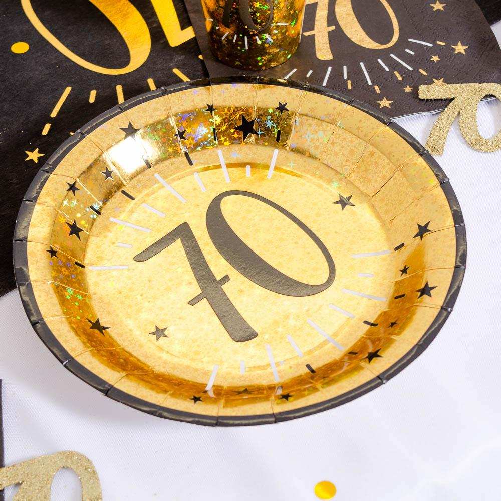 70th Birthday Black & Gold Sparkle Plates (x10) Milestone