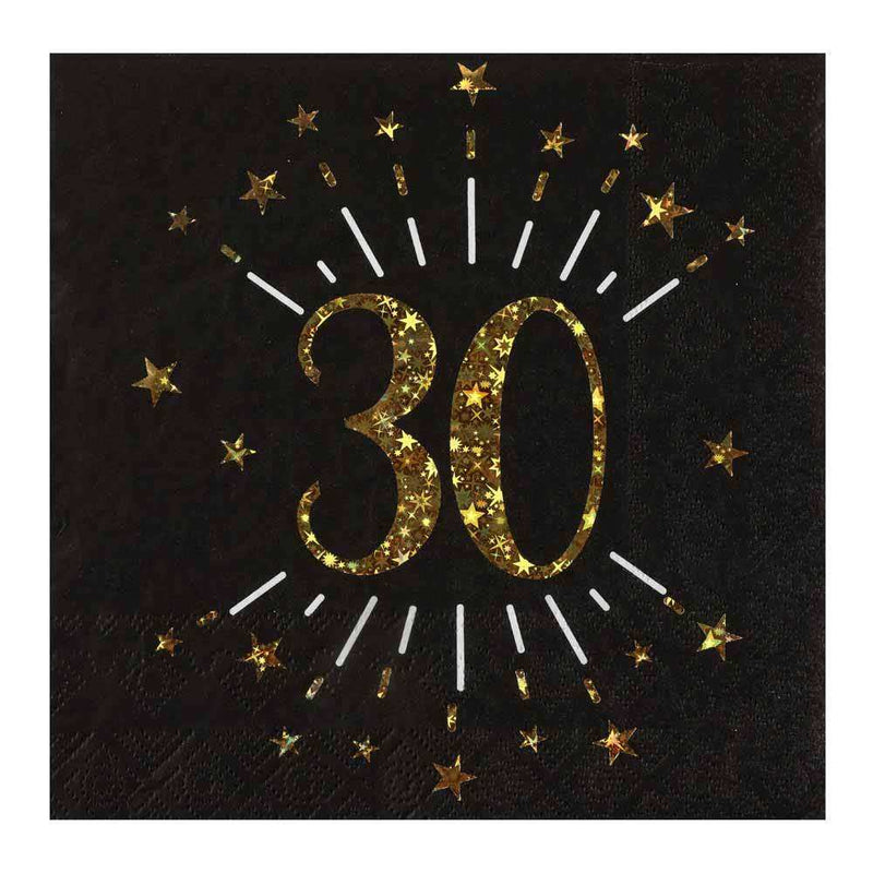 30th Birthday Black & Gold Sparkle Napkins (x10) Milestone