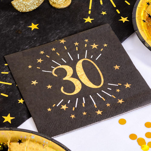 30th Birthday Black & Gold Sparkle Napkins (x10)