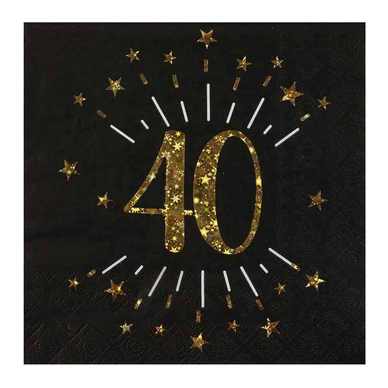 40th Birthday Black & Gold Sparkle Napkins (x10) Milestone