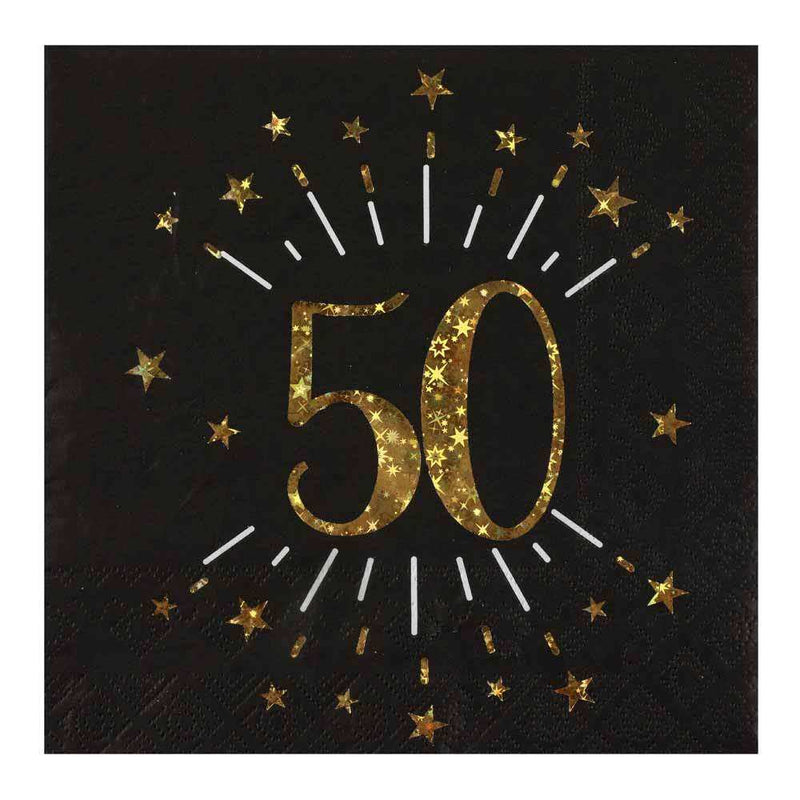 50th Birthday Black & Gold Sparkle Napkins (x10) Milestone