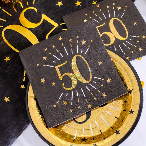 50th Birthday Black & Gold Sparkle Napkins (x10)