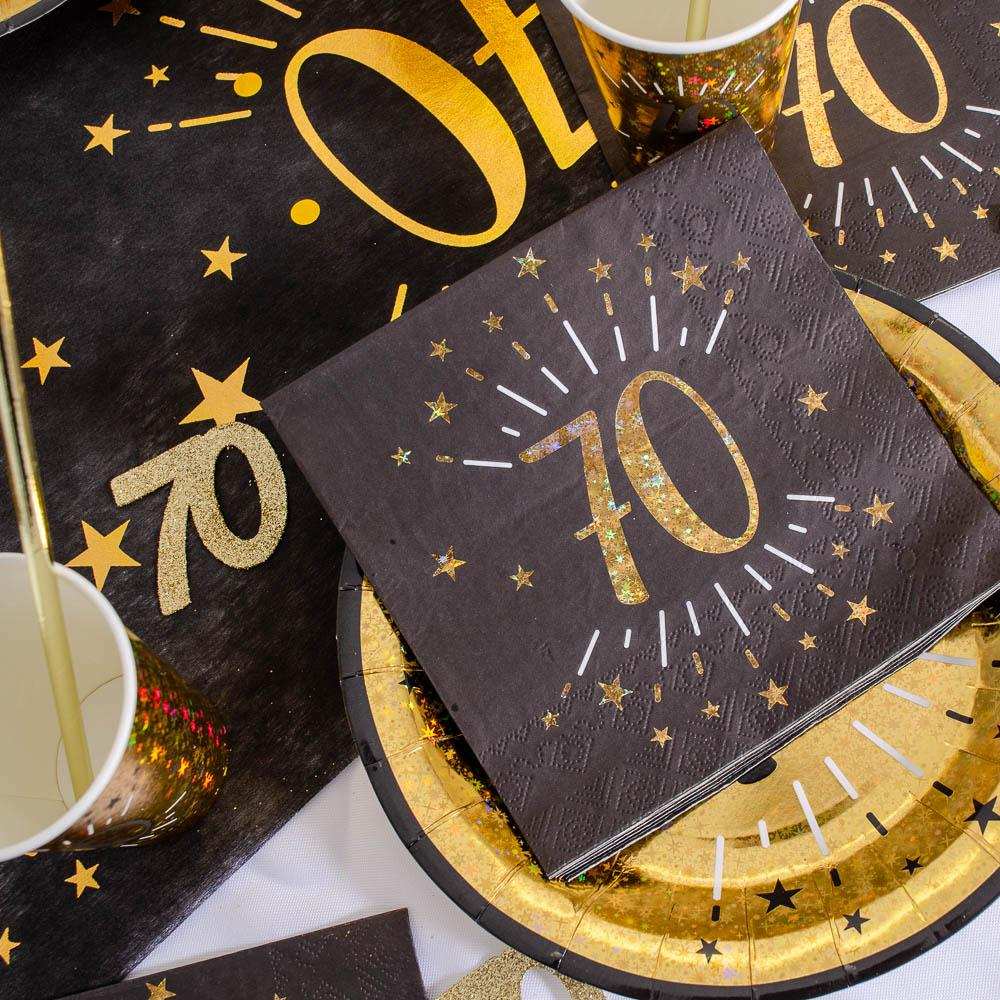 70th Birthday Black & Gold Sparkle Napkins (x10) Milestone