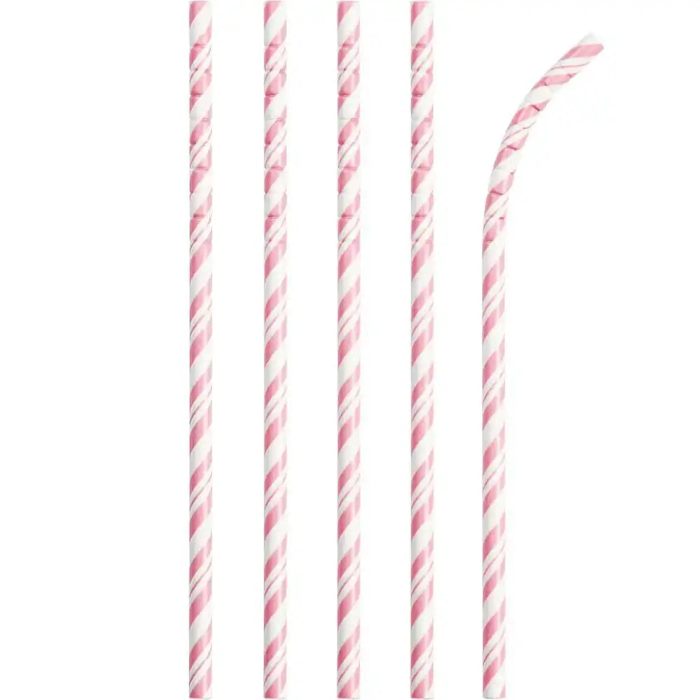 Striped Eco-Flex Paper Straws - Pastel Pink (x24) General Party