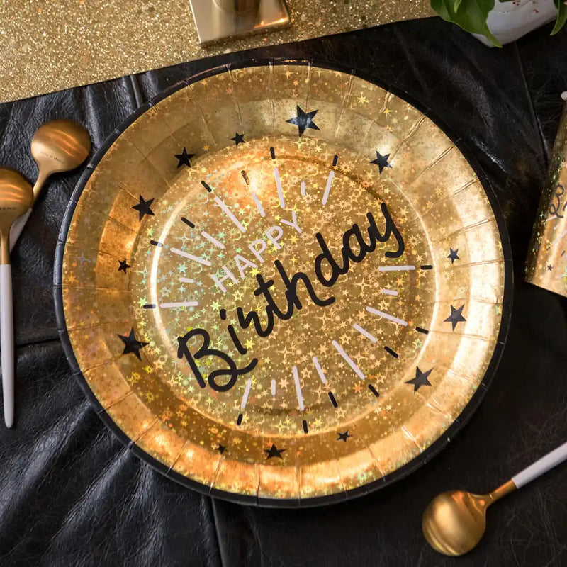 Happy Birthday Black & Gold Plates (x10) General Party