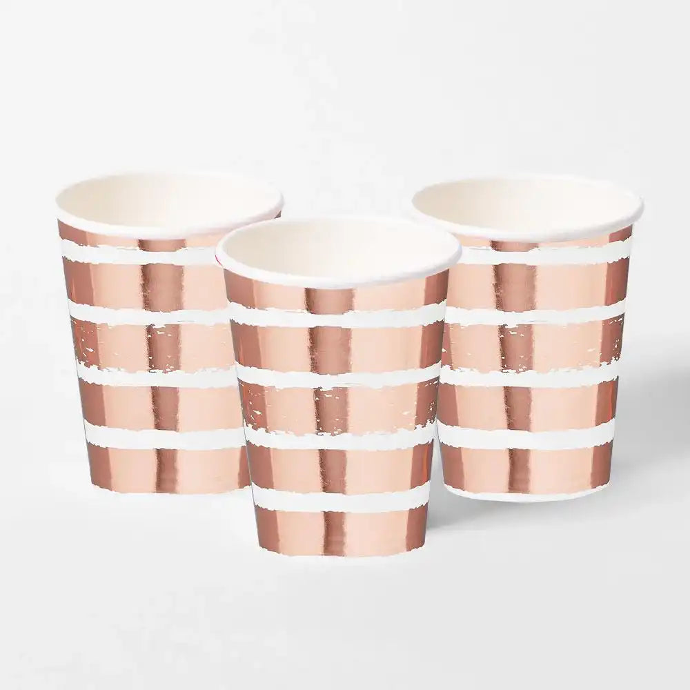 Rose Gold Striped Paper Cups (x8) | Birthday Tableware | Party Supplies ...