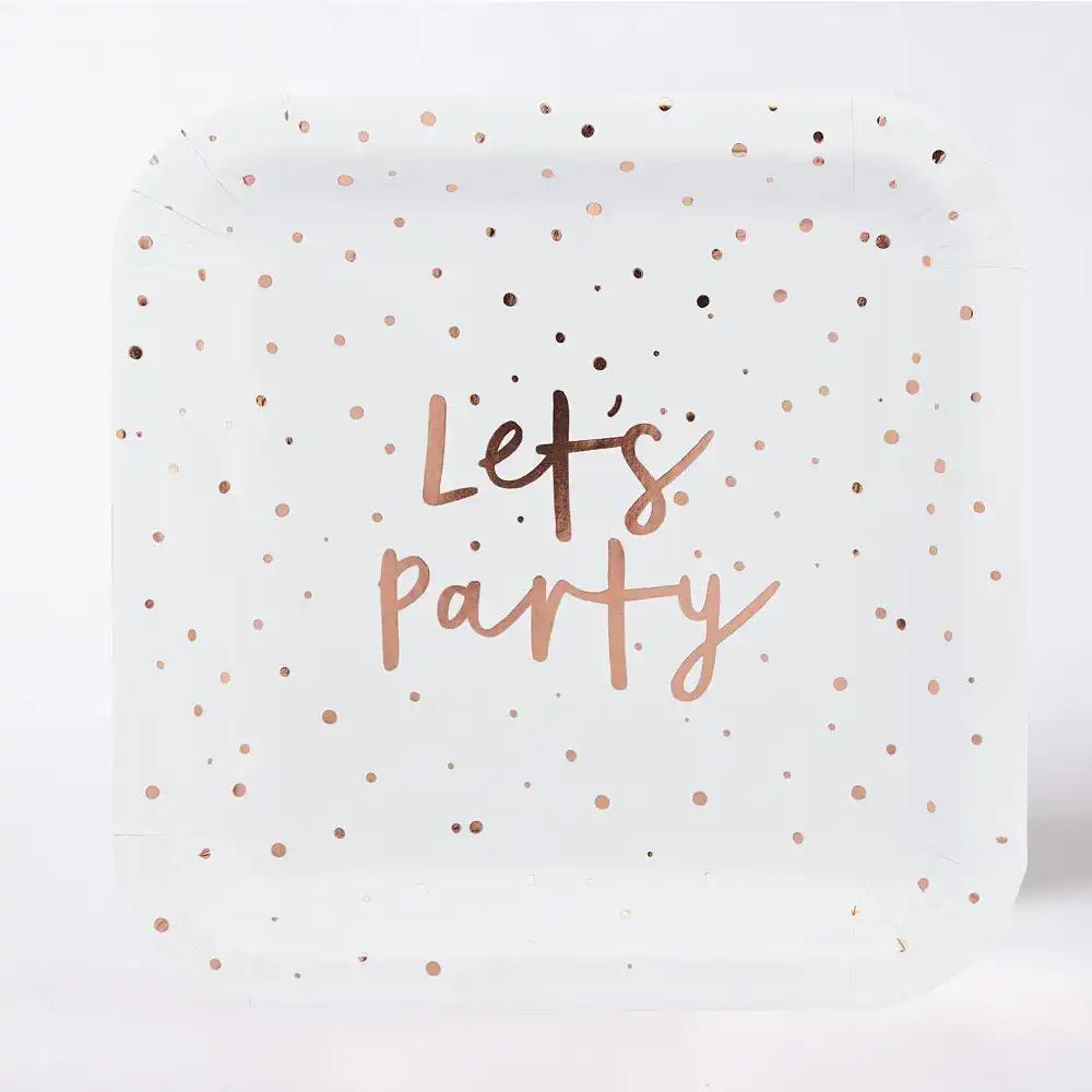Rose Gold 'Let's Party' Paper Plates (x8) General Party