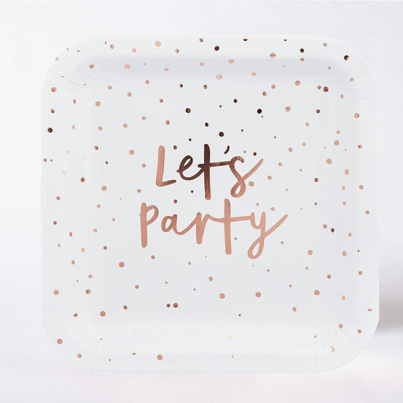 Rose Gold 'Let's Party' Paper Plates (x8)