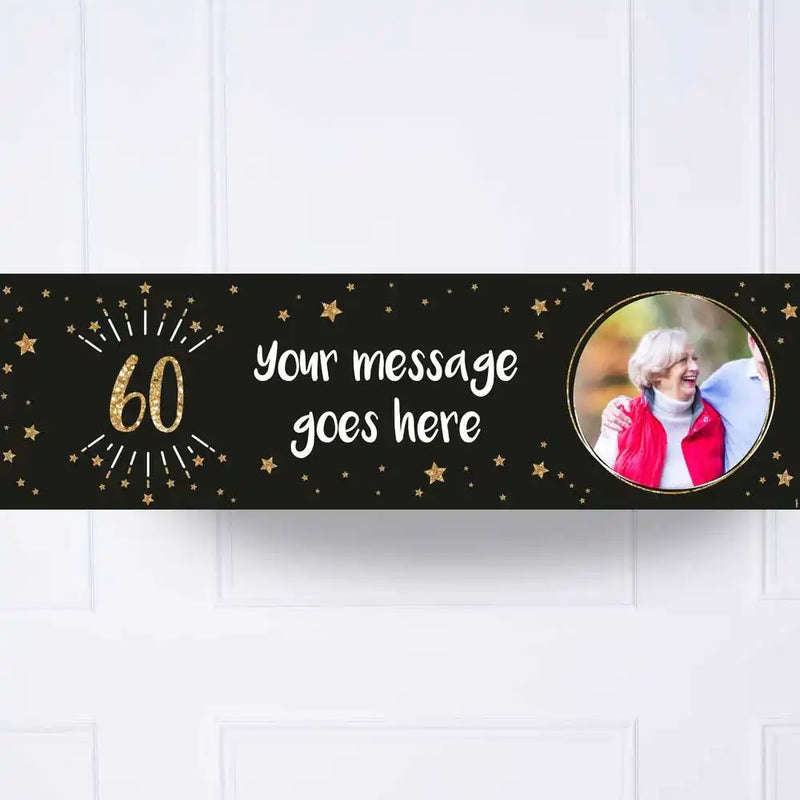 Black & Gold 60th Birthday Personalised Party Banner Yes None Personalised Banner