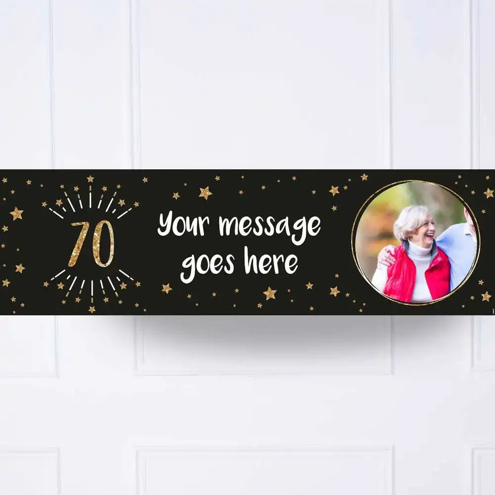Black & Gold 70th Birthday Personalised Party Banner Yes Personalised Banner