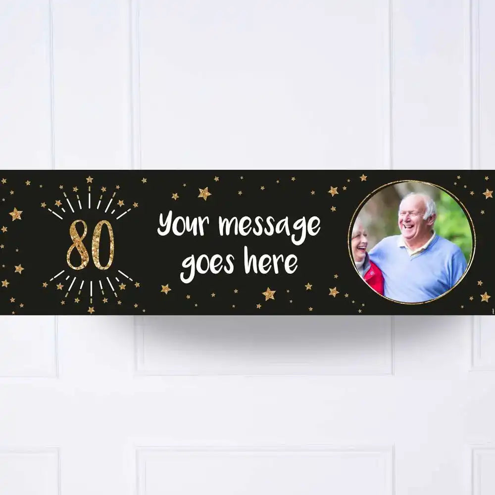 Black & Gold 80th Birthday Personalised Party Banner Personalised Banner