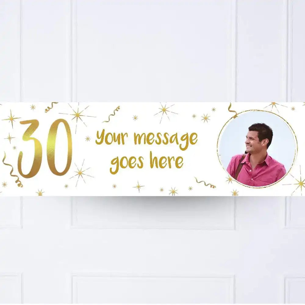 White & Gold 30th Personalised Party Banner Yes Personalised Banner
