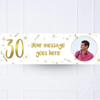 White & Gold 30th Personalised Party Banner Yes Personalised Banner