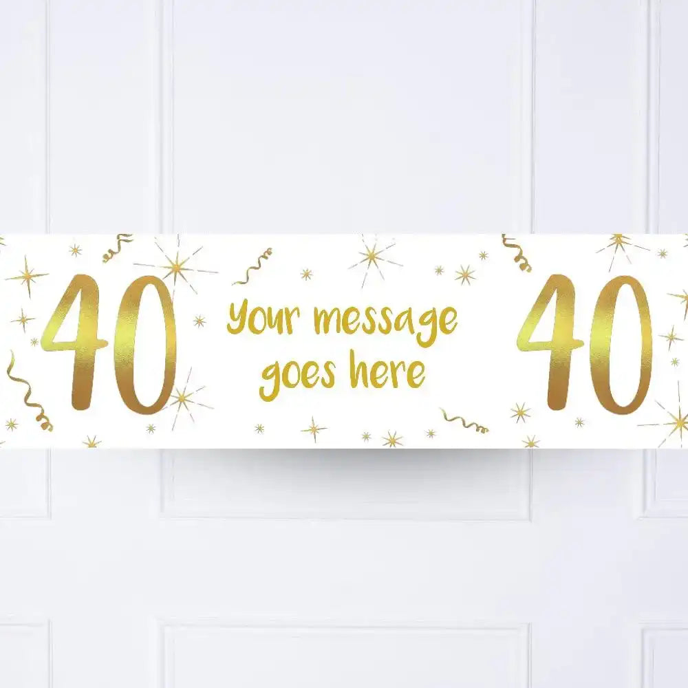 White & Gold 40th Personalised Party Banner No Personalised Banner