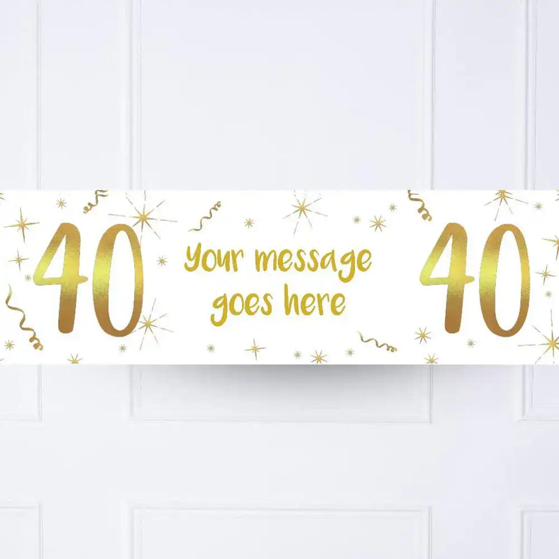 White & Gold 40th Personalised Party Banner No Personalised Banner