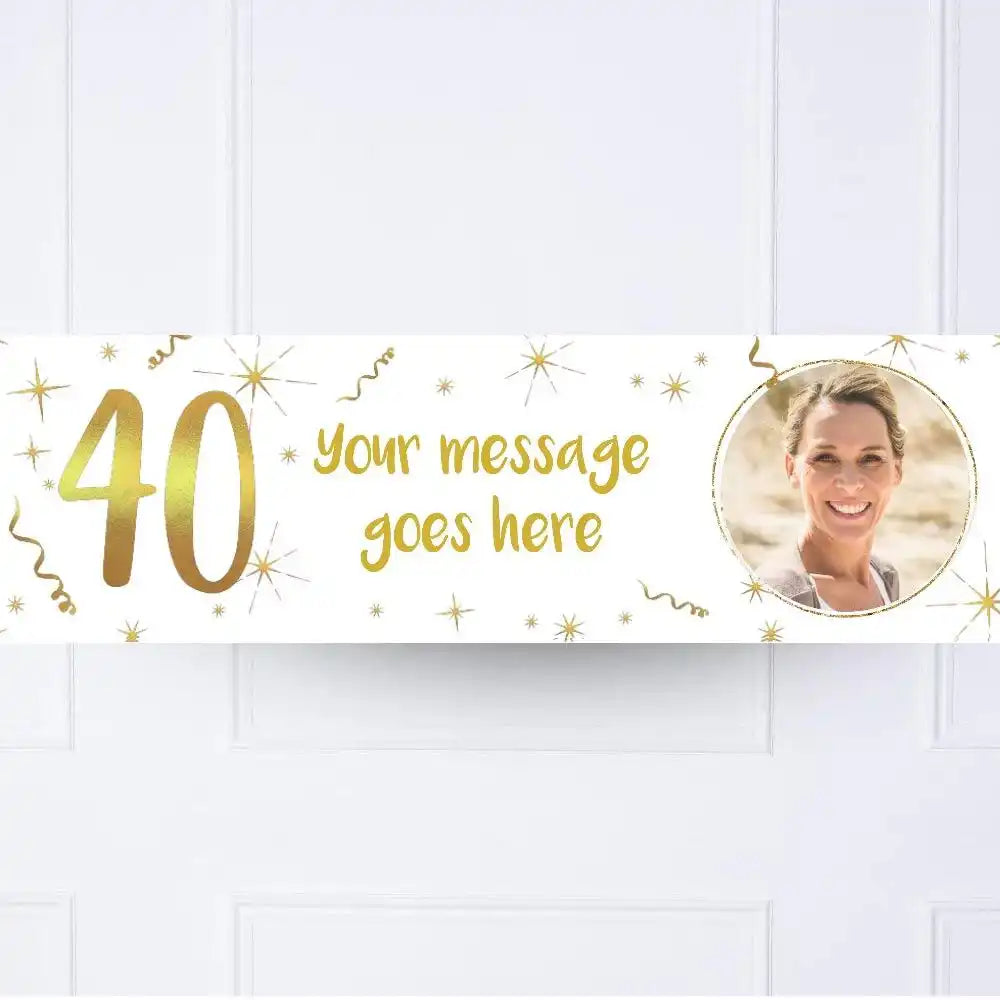 White & Gold 40th Personalised Party Banner Yes Personalised Banner