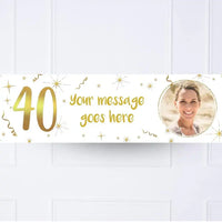 White & Gold 40th Personalised Party Banner Yes Personalised Banner