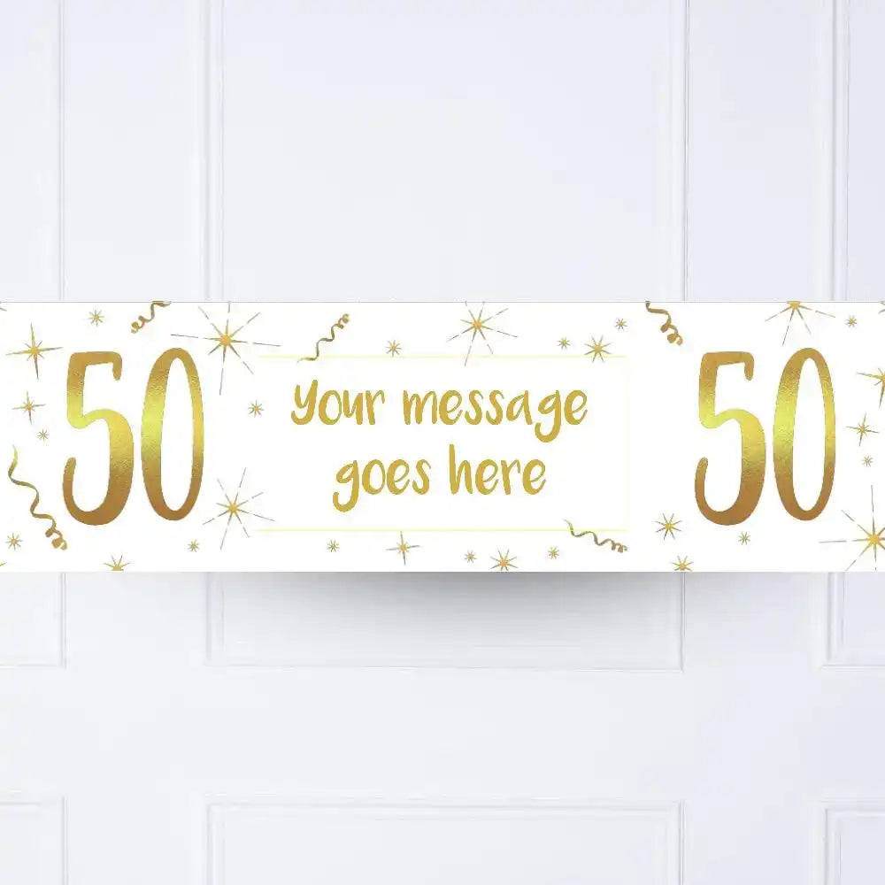 White & Gold 50th Personalised Party Banner No Personalised Banner