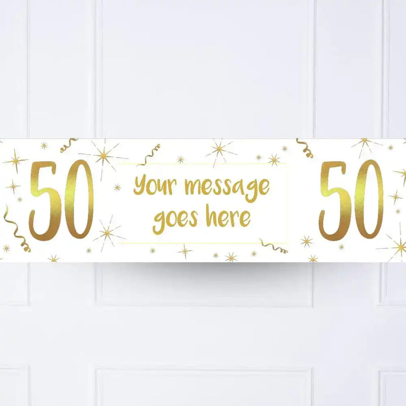 White & Gold 50th Personalised Party Banner No Personalised Banner