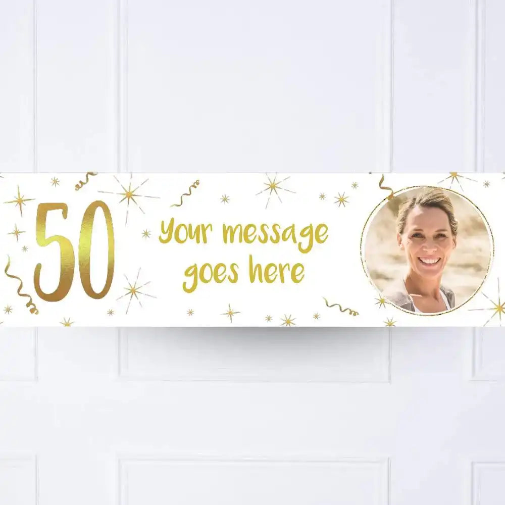 White & Gold 50th Personalised Party Banner Yes Personalised Banner