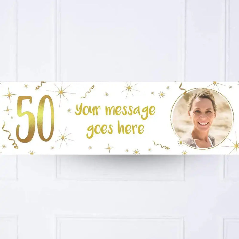 White & Gold 50th Personalised Party Banner Yes Personalised Banner