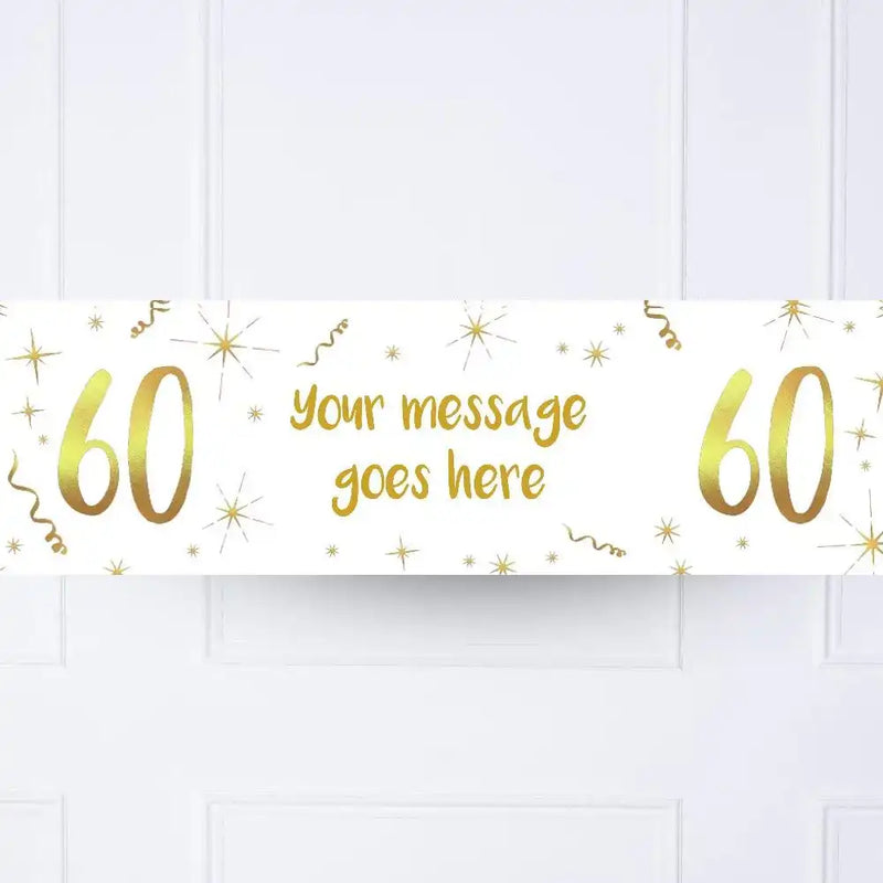 White & Gold 60th Personalised Party Banner No Personalised Banner