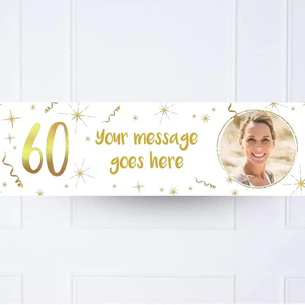 White & Gold 60th Personalised Party Banner Yes Personalised Banner