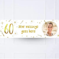 White & Gold 60th Personalised Party Banner Yes Personalised Banner