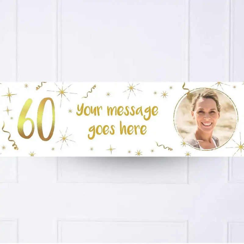 White & Gold 60th Personalised Party Banner Yes Personalised Banner