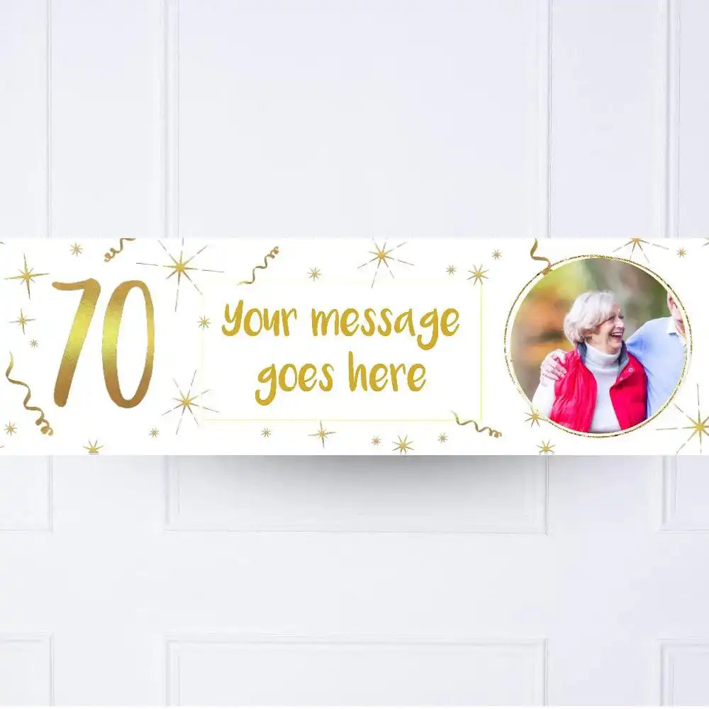 White & Gold 70th Personalised Party Banner Yes Personalised Banner