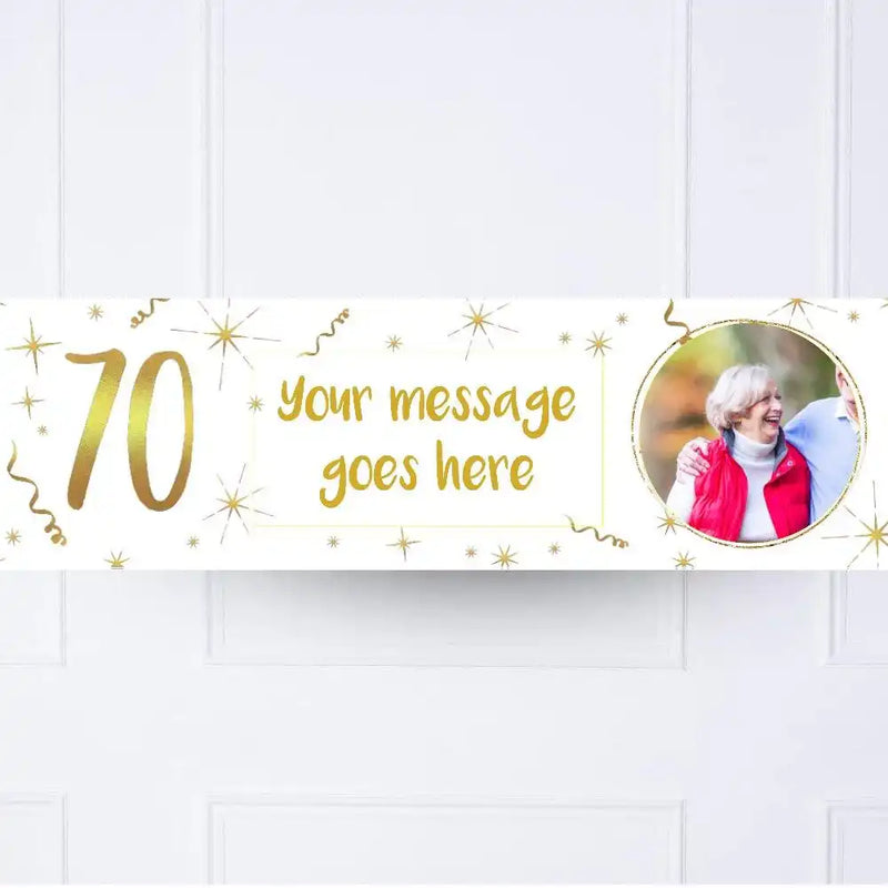 White & Gold 70th Personalised Party Banner Yes Personalised Banner