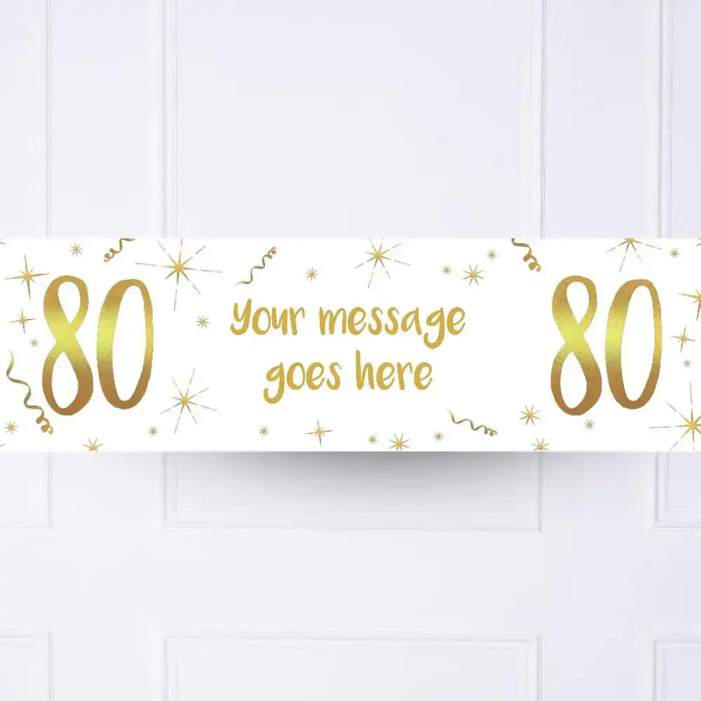 White & Gold 80th Personalised Party Banner No None Personalised Banner