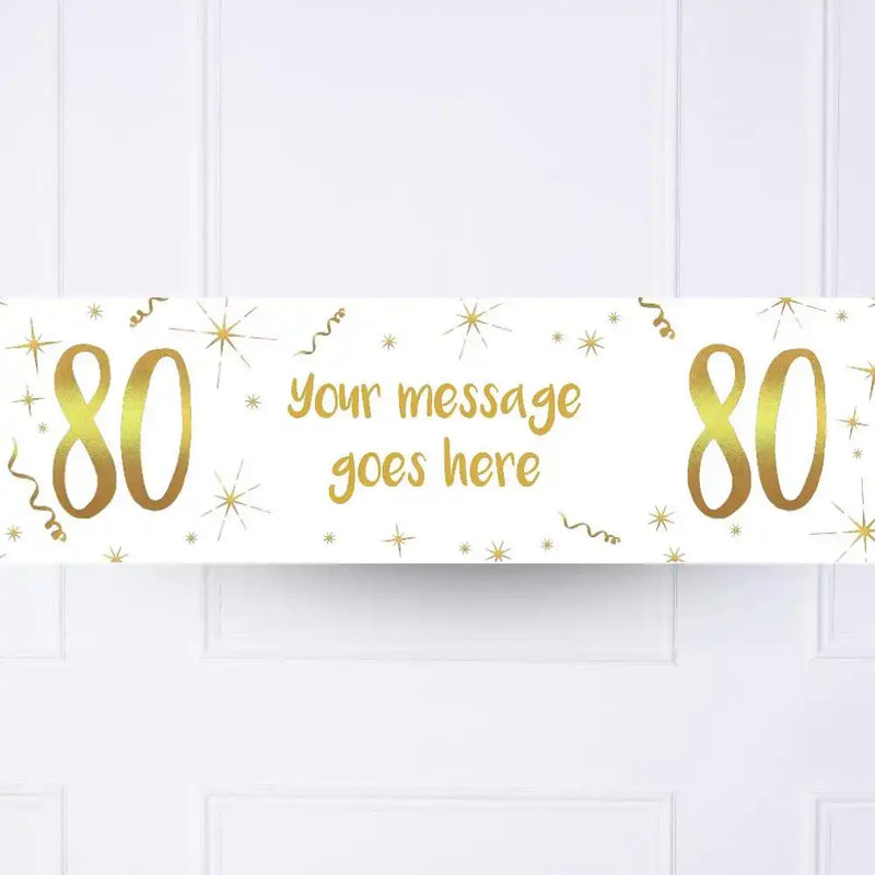 White & Gold 80th Personalised Party Banner No None Personalised Banner