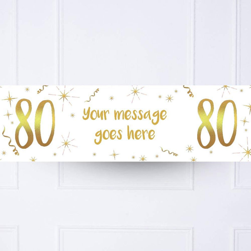 White & Gold 80th Personalised Party Banner