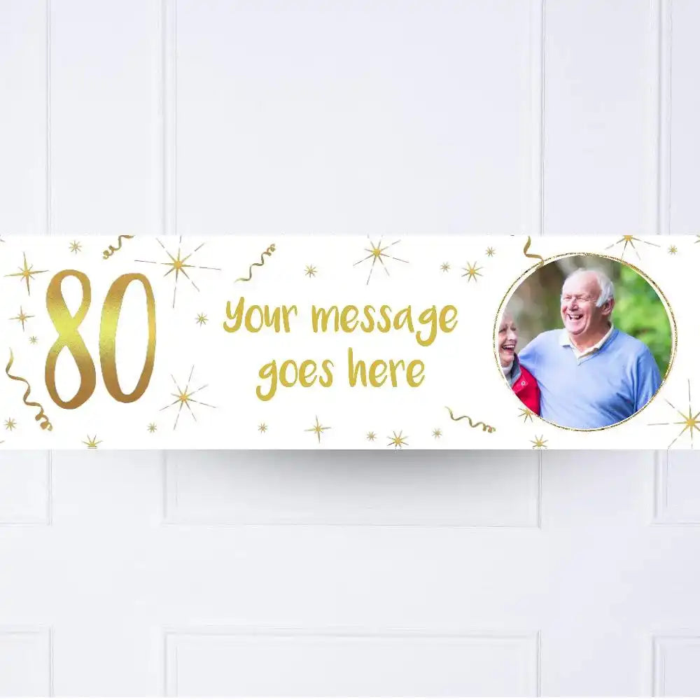 White & Gold 80th Personalised Party Banner Yes None Personalised Banner