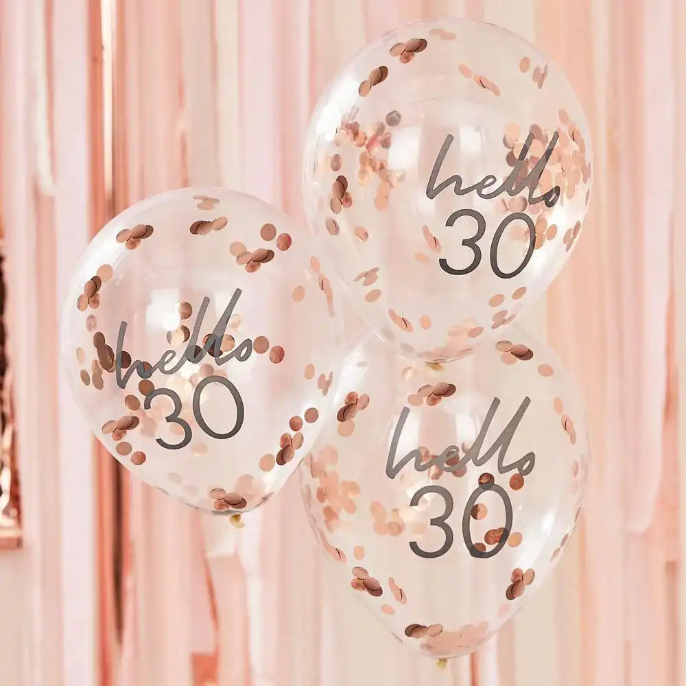 Rose Gold Confetti Filled 'Hello 30' Balloons Milestone