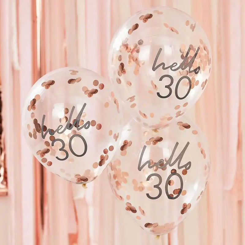 Rose Gold Confetti Filled 'Hello 30' Balloons Milestone