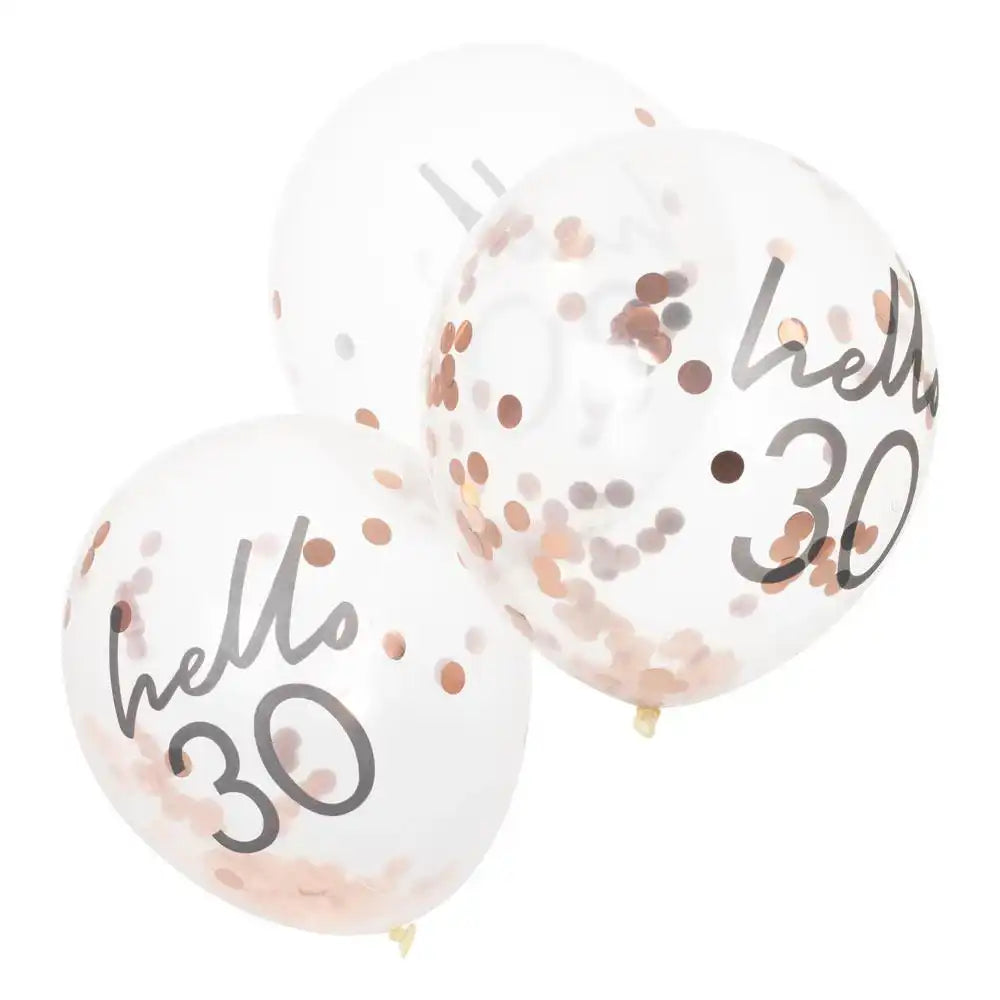 Rose Gold Confetti Filled 'Hello 30' Balloons Milestone