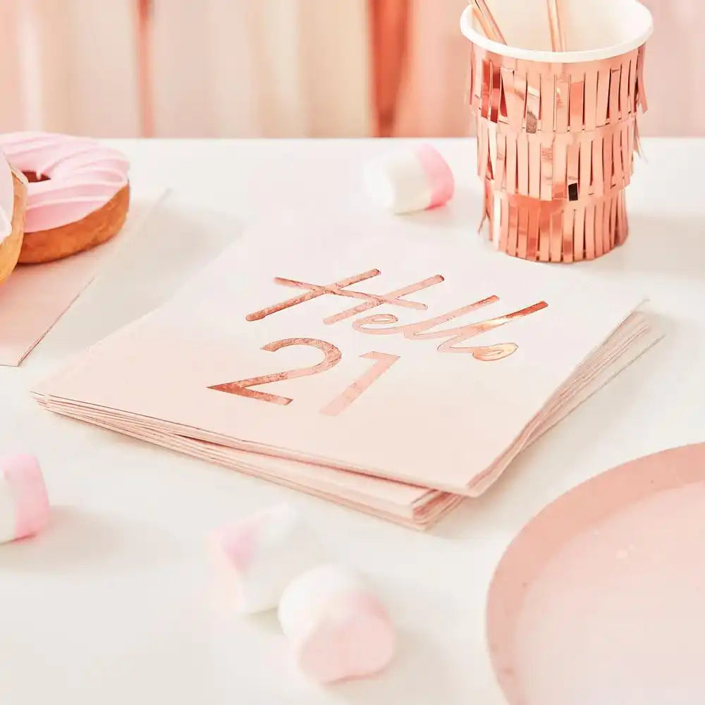 Rose Gold Foiled Watercolour Napkin - Hello 21 Milestone