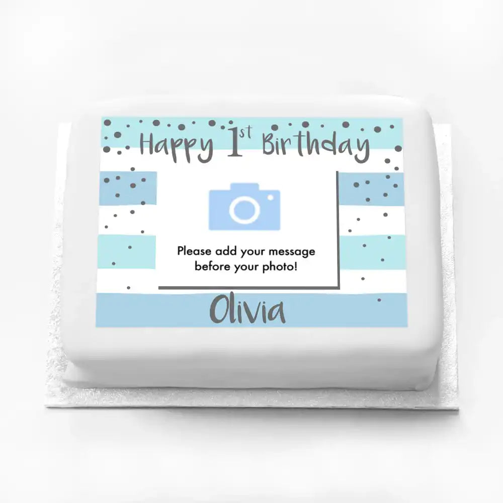 Personalised Photo Cake - Silver & Blue 1st Birthday Celebration Photo & Message Personalised Cake