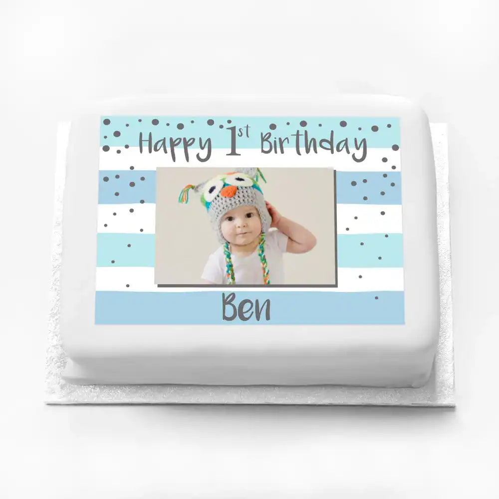 Personalised Photo Cake - Silver & Blue 1st Birthday Celebration Personalised Cake