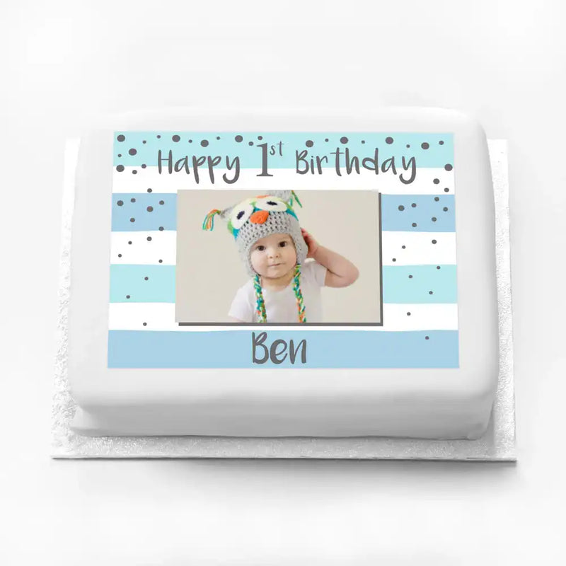 Personalised Photo Cake - Silver & Blue 1st Birthday Celebration Personalised Cake