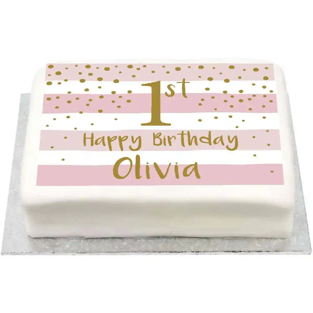 Personalised Photo Cake - Gold & Pink 1st Birthday Celebration Message Only Personalised Cake