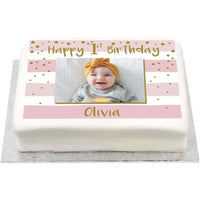 Personalised Photo Cake - Gold & Pink 1st Birthday Celebration Photo & Message Personalised Cake