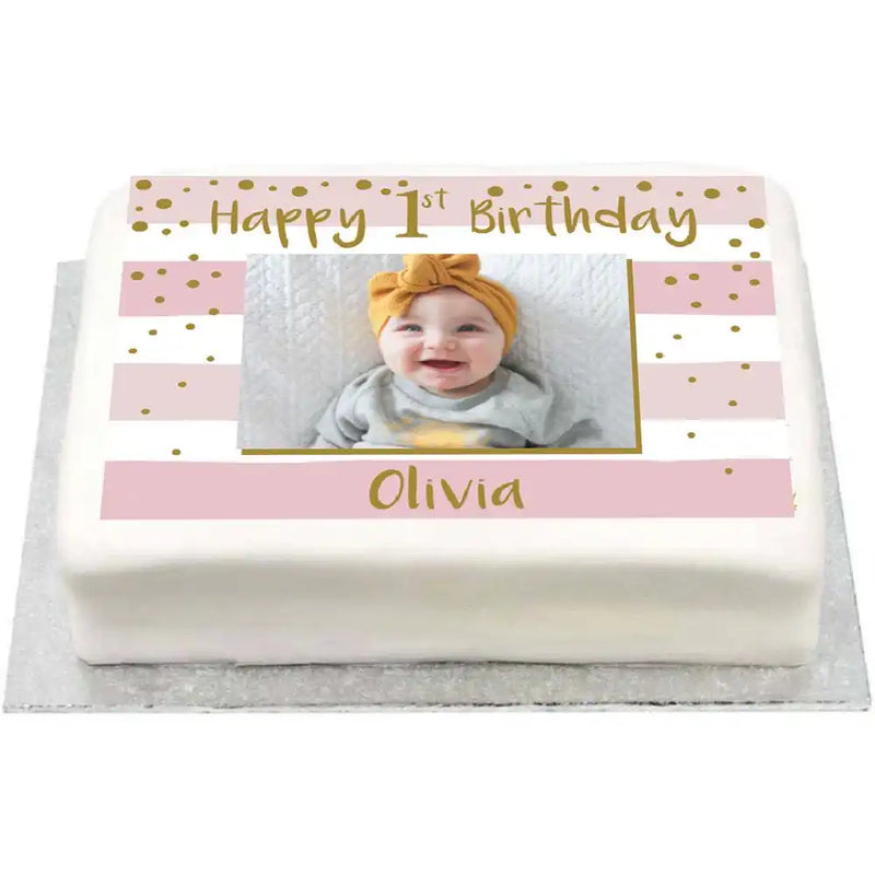 Personalised Photo Cake - Gold & Pink 1st Birthday Celebration Photo & Message Personalised Cake