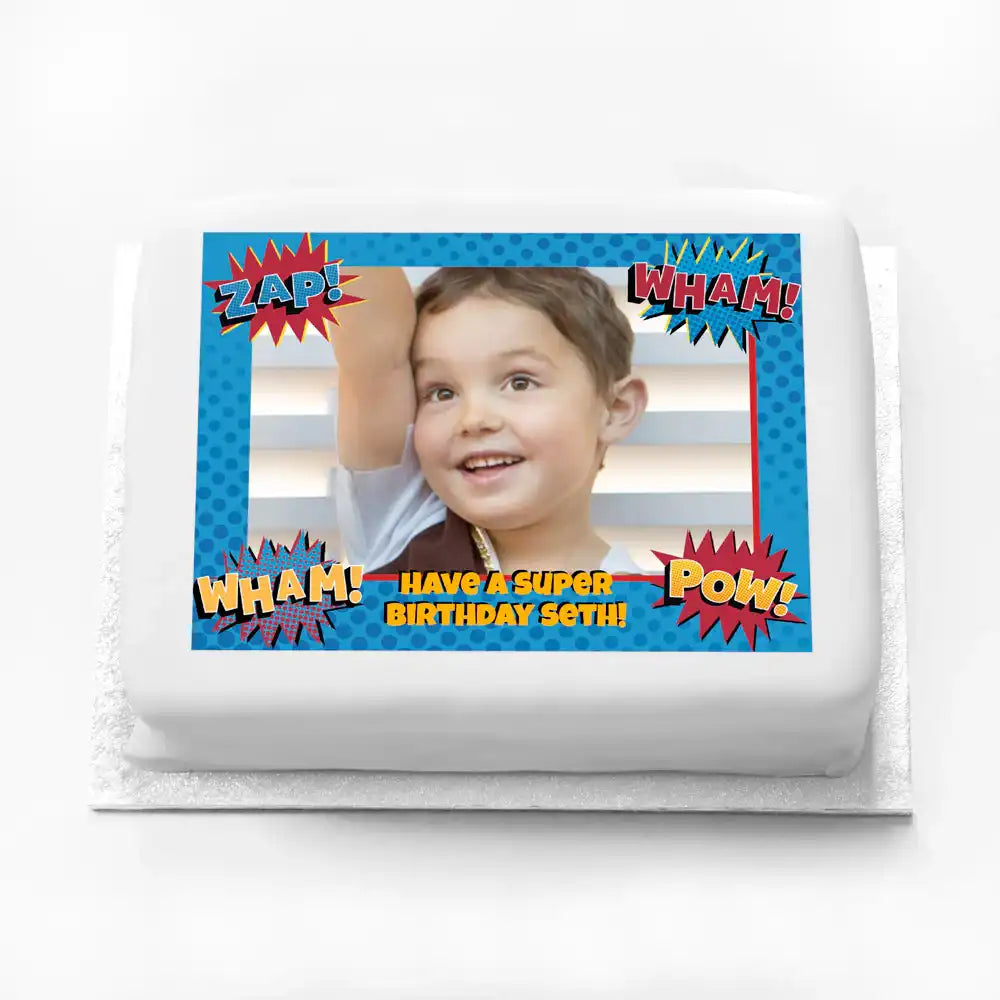 Personalised Photo Cake - Super Hero Slogan Personalised Cake